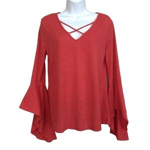 Umgee Red V-neck Tunic Top Small Bell Sleeve